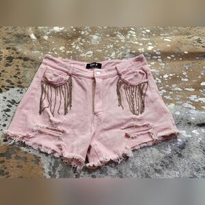 Pink Distressed Women Shorts with Gemstone Tassle Detail